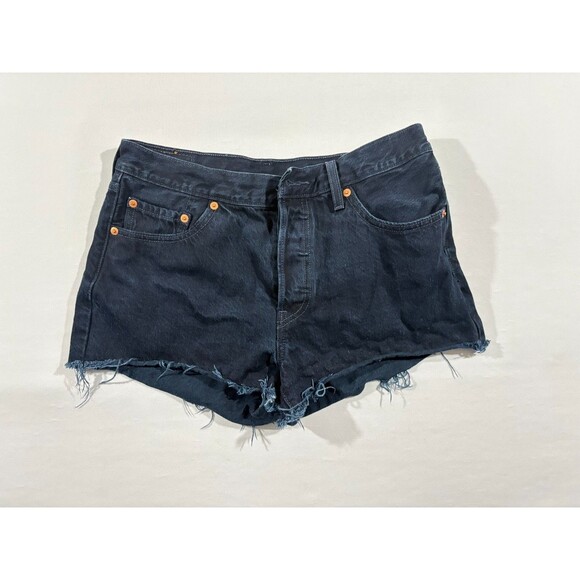 Levi's Raw Hem Shorts Womens 501 Denim Red Tab Dark Wash Button Cutoff Fly Sz 29 - Picture 2 of 16